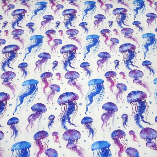 Stoff Baumwolle Jersey mit Jellifish Quallen Design weiß blau lila flieder Kleiderstoff Kinderstoff