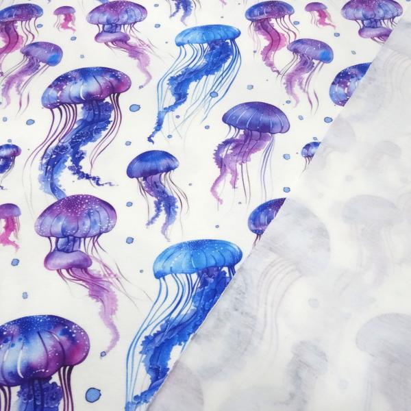 Stoff Baumwolle Jersey mit Jellifish Quallen Design weiß blau lila flieder Kleiderstoff Kinderstoff