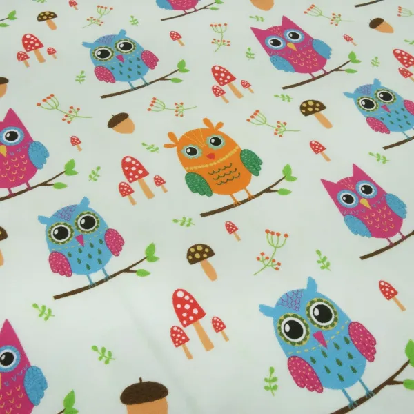 Stoff Baumwolle Jersey mit Eulen Design hellgrün orange blau pink bunt Kinderstoff Kleiderstoff