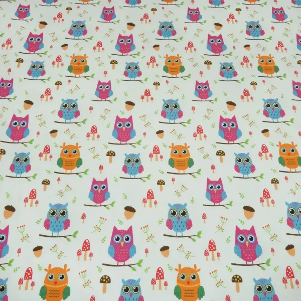 Stoff Baumwolle Jersey mit Eulen Design hellgrün orange blau pink bunt Kinderstoff Kleiderstoff