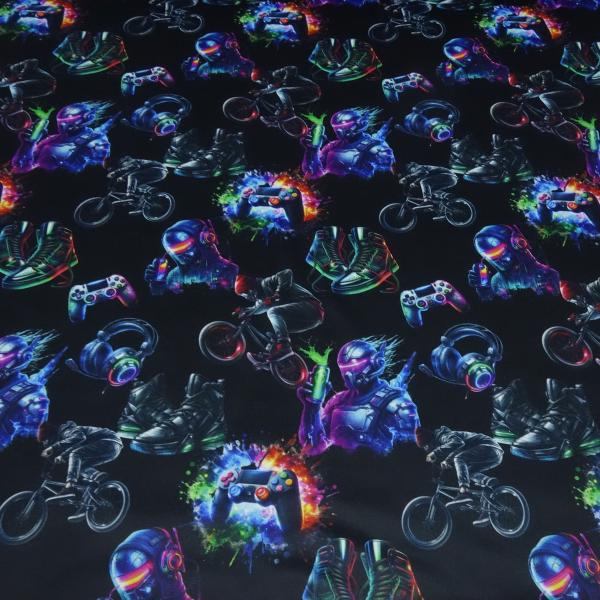 Stoff Sweatshirtstoff mit Alpenfleece Abseite Gamer Gamepad Biker BMX Kopfhörer Sneaker Design schwarz multicolor bunt Kinderstoff Kleiderstoff