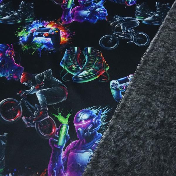 Stoff Sweatshirtstoff mit Alpenfleece Abseite Gamer Gamepad Biker BMX Kopfhörer Sneaker Design schwarz multicolor bunt Kinderstoff Kleiderstoff