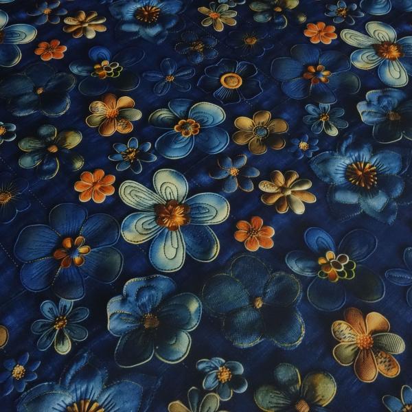 Stoff Sweatshirtstoff mit Alpenfleece Abseite Blumen & Blüten Design Jeanslook blau orange braun bunt Kinderstoff Kleiderstoff Hoodiestoff