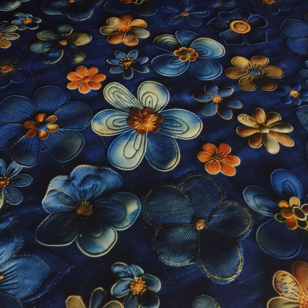 Stoff Sweatshirtstoff mit Alpenfleece Abseite Blumen & Blüten Design Jeanslook blau orange braun bunt Kinderstoff Kleiderstoff Hoodiestoff