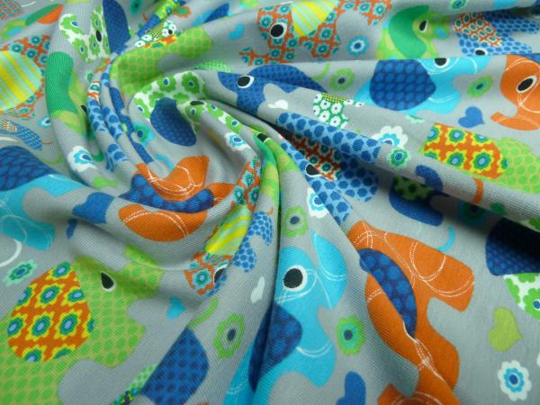 Fabric jersey cotton elephants flowers hearts design gray colorful children's fabric dress fabric