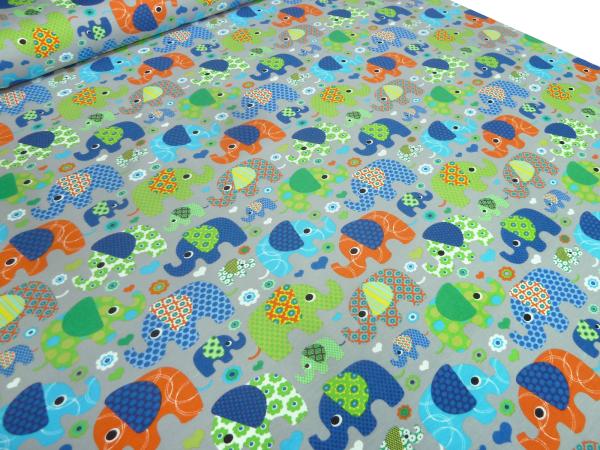Fabric jersey cotton elephants flowers hearts design gray colorful children's fabric dress fabric