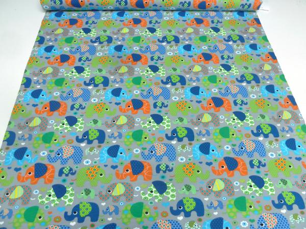 Fabric jersey cotton elephants flowers hearts design gray colorful children's fabric dress fabric