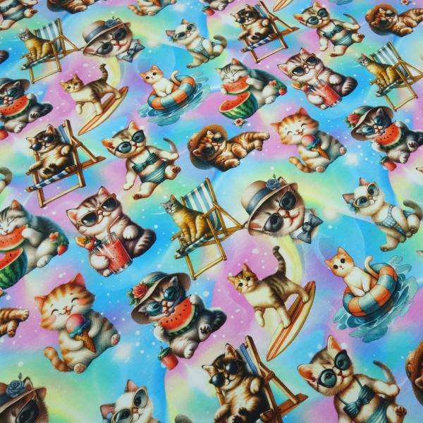 Stoff Baumwolle Jersey mit Katzen / Kätzchen Design multicolor bunt Kleiderstoff Kinderstoff