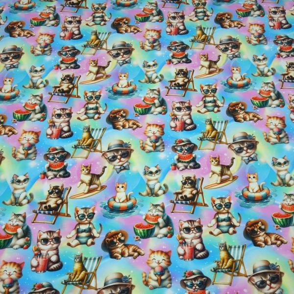 Stoff Baumwolle Jersey mit Katzen / Kätzchen Design multicolor bunt Kleiderstoff Kinderstoff