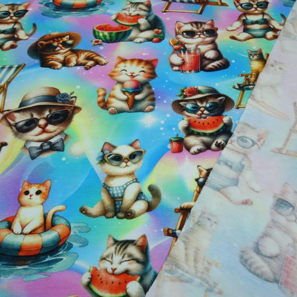 Stoff Baumwolle Jersey mit Katzen / Kätzchen Design multicolor bunt Kleiderstoff Kinderstoff