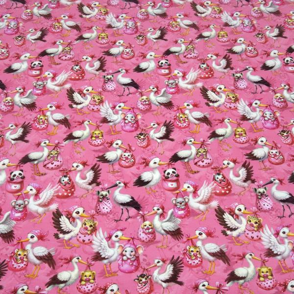 Stoff Baumwolle Jersey Storche mit Tier Babys Panda Katze Zebra Bär Elefant etc. Design pink rosa bunt Kleiderstoff Kinderstoff