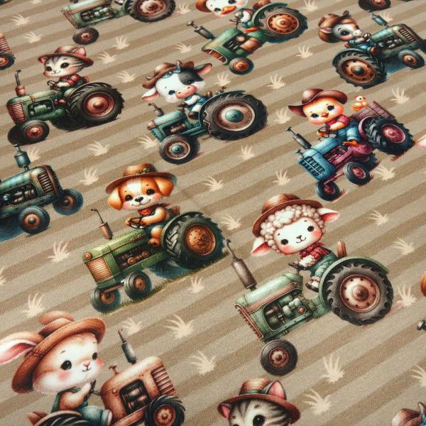 Stoff Baumwolle Jersey gestreift Traktor mit Tieren Hund Katze Schaf Ente Kücken etc. Design braun beige bunt Kleiderstoff Kinderstoff