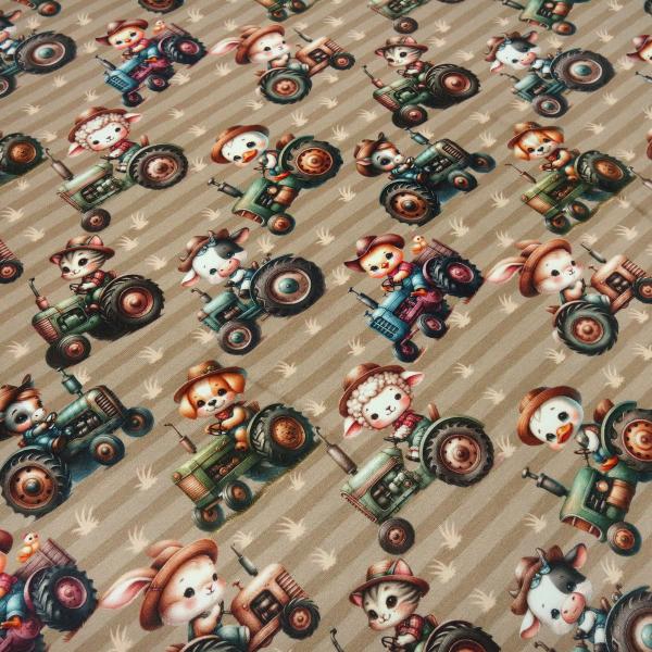 Stoff Baumwolle Jersey gestreift Traktor mit Tieren Hund Katze Schaf Ente Kücken etc. Design braun beige bunt Kleiderstoff Kinderstoff