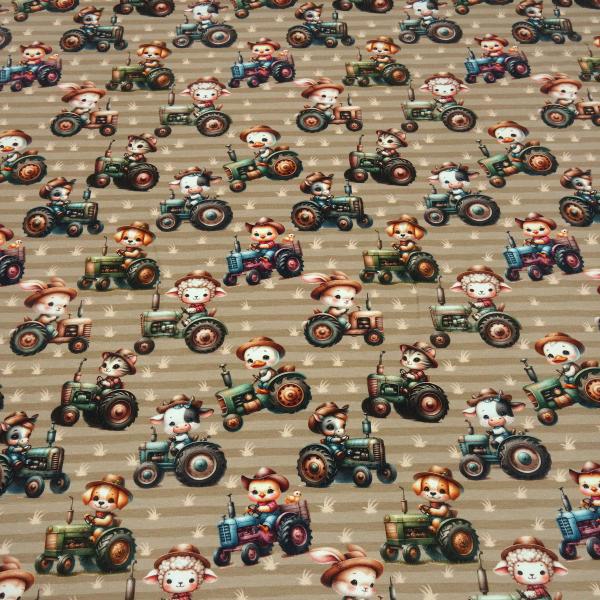 Stoff Baumwolle Jersey gestreift Traktor mit Tieren Hund Katze Schaf Ente Kücken etc. Design braun beige bunt Kleiderstoff Kinderstoff