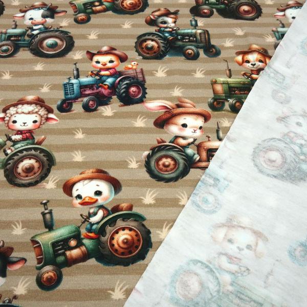 Stoff Baumwolle Jersey gestreift Traktor mit Tieren Hund Katze Schaf Ente Kücken etc. Design braun beige bunt Kleiderstoff Kinderstoff