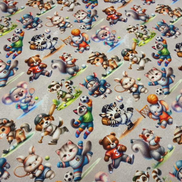 Stoff Baumwolle Jersey Tiere Hase Katze Zebra Bär Elefant Design beige multicolor bunt Kleiderstoff Kinderstoff
