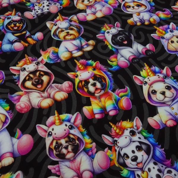 Stoff Baumwolle French Terry Sweatshirtstoff Unicorn Dogs Einhorn Hunde Design schwarz grau weiß Regenbogen bunt Kleiderstoff Kinderstoff