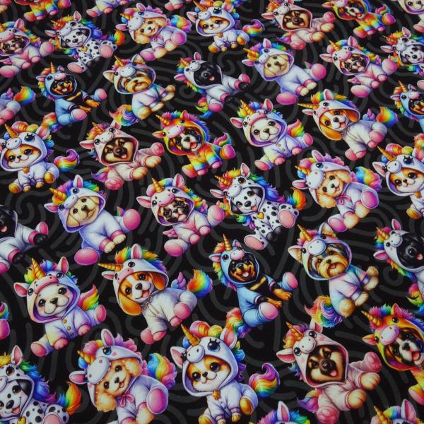 Stoff Baumwolle French Terry Sweatshirtstoff Unicorn Dogs Einhorn Hunde Design schwarz grau weiß Regenbogen bunt Kleiderstoff Kinderstoff