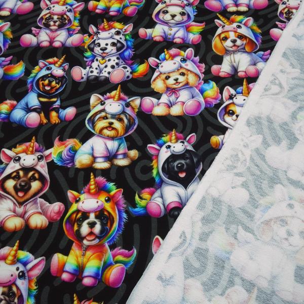 Stoff Baumwolle French Terry Sweatshirtstoff Unicorn Dogs Einhorn Hunde Design schwarz grau weiß Regenbogen bunt Kleiderstoff Kinderstoff