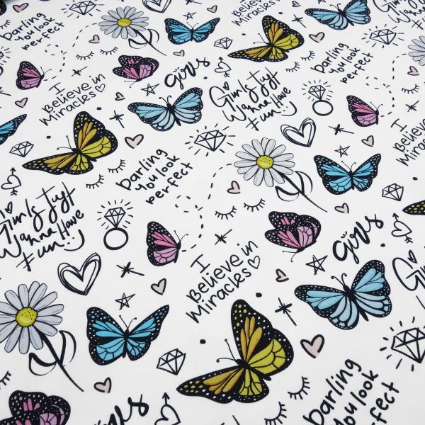 Stoff Baumwolle French Terry Sweatshirtstoff Schmetterlinge Schriften Sprüche weiß blau pink gelb bunt Kleiderstoff Kinderstoff