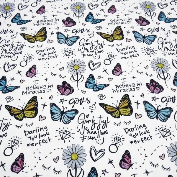 Stoff Baumwolle French Terry Sweatshirtstoff Schmetterlinge Schriften Sprüche weiß blau pink gelb bunt Kleiderstoff Kinderstoff