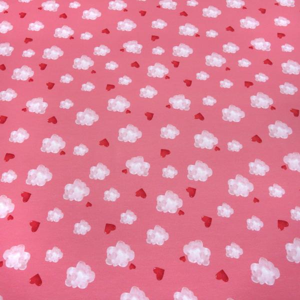 Fabric cotton jersey "Happy be pink" clouds hearts pink pink red white children's fabric dress fabric by the meter
