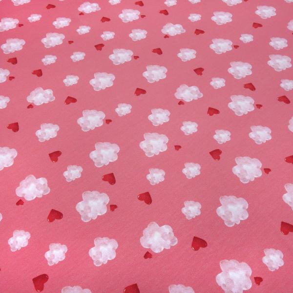 Fabric cotton jersey "Happy be pink" clouds hearts pink pink red white children's fabric dress fabric by the meter