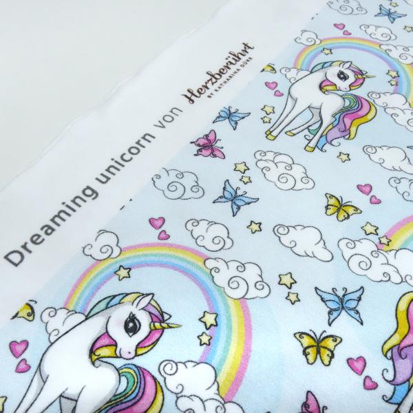 Stoff Baumwolle Jersey "dreaming unicorn" Einhorn Regenbogen Herzen hellblau bunt Kinderstoff Kleiderstoff