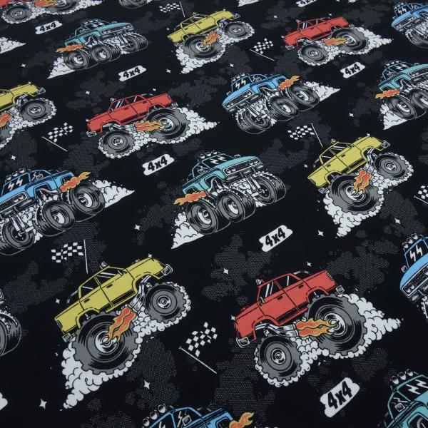 Fabric cotton jersey burnout monster trucks cars black colorful children's fabric dress fabric by the meter