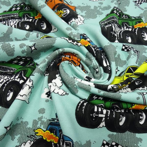Fabric cotton jersey burnout monster trucks cars mint green colourful children's fabric dress fabric