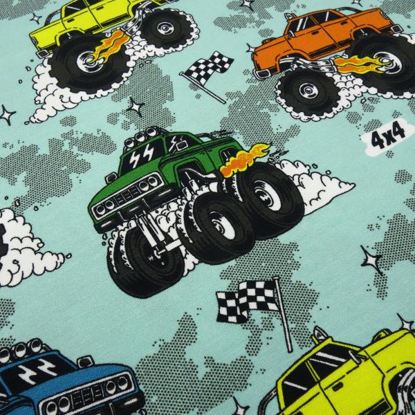 Fabric cotton jersey burnout monster trucks cars mint green colourful children's fabric dress fabric