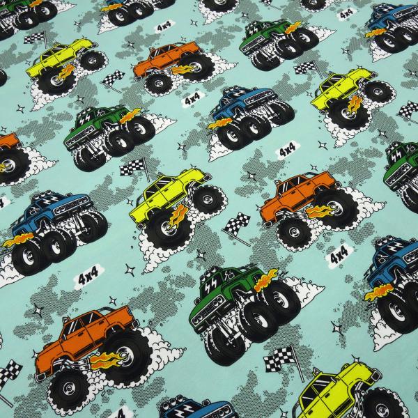 Fabric cotton jersey burnout monster trucks cars mint green colourful children's fabric dress fabric