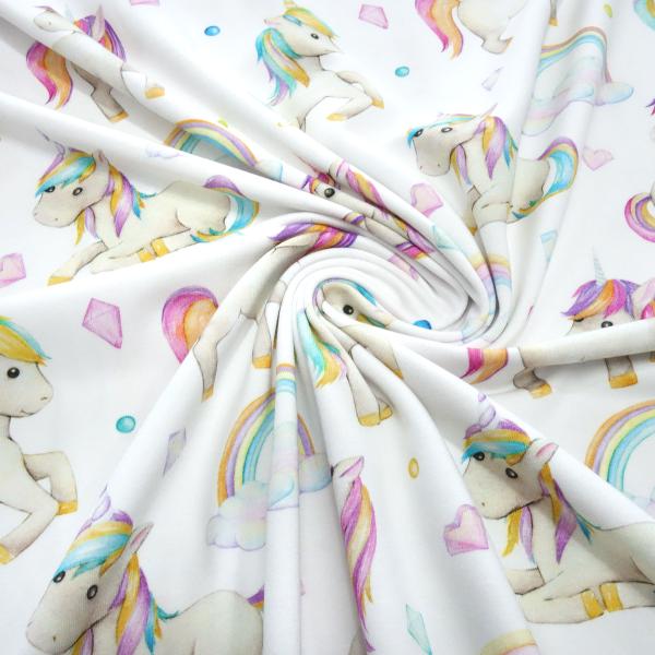 Stoff Baumwolle Jersey little unicorn Einhorn Regenbogen Herzberührt weiß multicolor bunt Kinderstoff Kleiderstoff