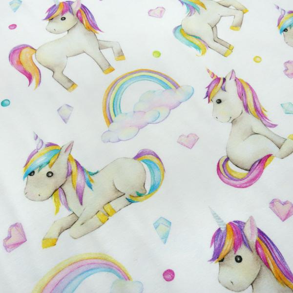 Stoff Baumwolle Jersey little unicorn Einhorn Regenbogen Herzberührt weiß multicolor bunt Kinderstoff Kleiderstoff