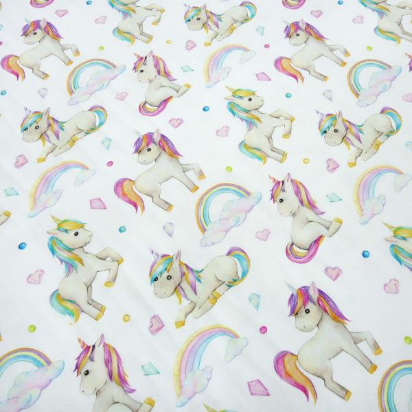 Stoff Baumwolle Jersey little unicorn Einhorn Regenbogen Herzberührt weiß multicolor bunt Kinderstoff Kleiderstoff