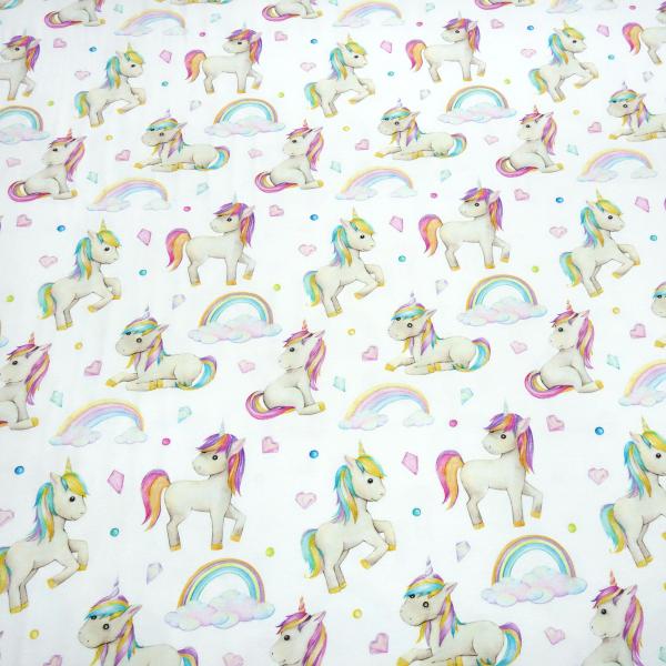 Stoff Baumwolle Jersey little unicorn Einhorn Regenbogen Herzberührt weiß multicolor bunt Kinderstoff Kleiderstoff