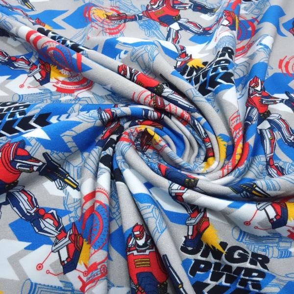 Stoff Baumwolle Jersey Power Rob Roboter Superhelden grau blau rot gelb bunt Kinderstoff Kleiderstoff