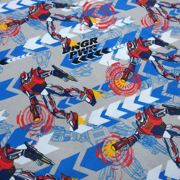 Stoff Baumwolle Jersey Power Rob Roboter Superhelden grau blau rot gelb bunt Kinderstoff Kleiderstoff