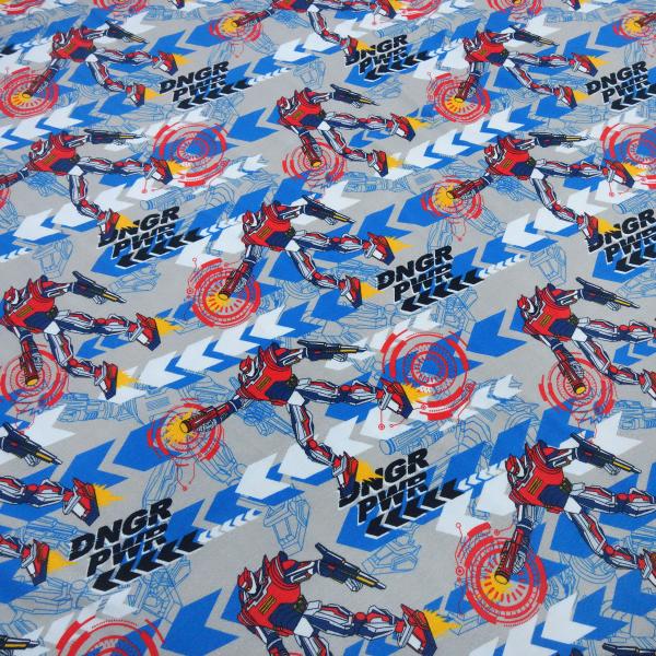 Stoff Baumwolle Jersey Power Rob Roboter Superhelden grau blau rot gelb bunt Kinderstoff Kleiderstoff