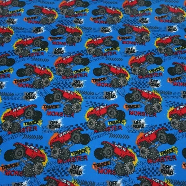 Fabric Cotton French Terry Sweatshirt Fabric Monster Trucks Offroad Blue Red Yellow Black Gray Multicolor Clothing Fabric Children's Fabric