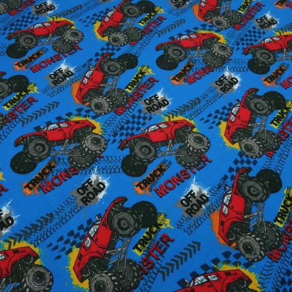 Fabric Cotton French Terry Sweatshirt Fabric Monster Trucks Offroad Blue Red Yellow Black Gray Multicolor Clothing Fabric Children's Fabric