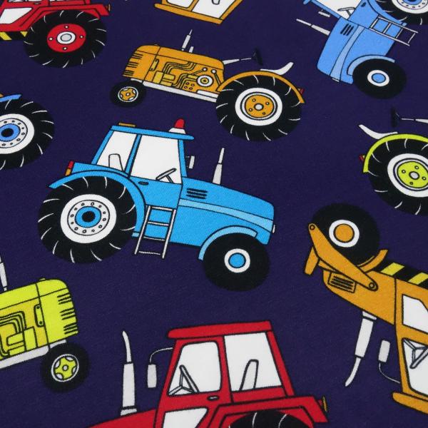 Stoff Baumwolle Jersey Farmer Trecker Traktor Design dunkelblau bunt Kinderstoff Kleiderstoff