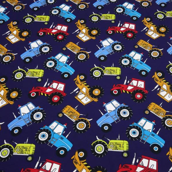 Stoff Baumwolle Jersey Farmer Trecker Traktor Design dunkelblau bunt Kinderstoff Kleiderstoff