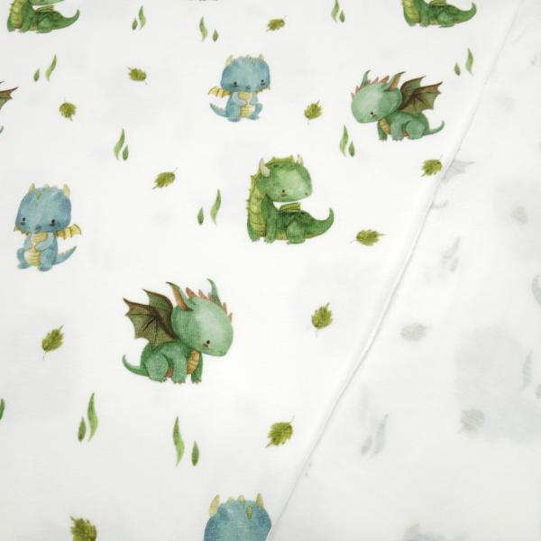 Fabric cotton jersey Little Dragon dragon design cream white green blue colorful children's fabric dress fabric
