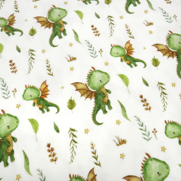 Stoff Baumwolle Jersey Little Dragon Drachen Design creme weiß grün braun bunt Kinderstoff Kleiderstoff