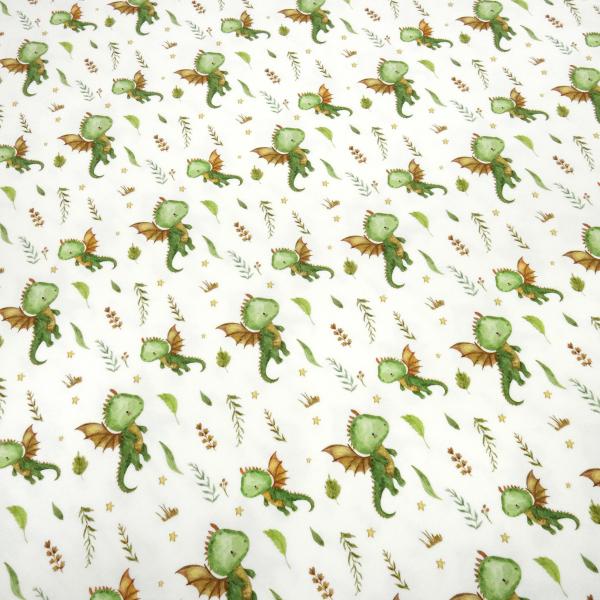 Stoff Baumwolle Jersey Little Dragon Drachen Design creme weiß grün braun bunt Kinderstoff Kleiderstoff