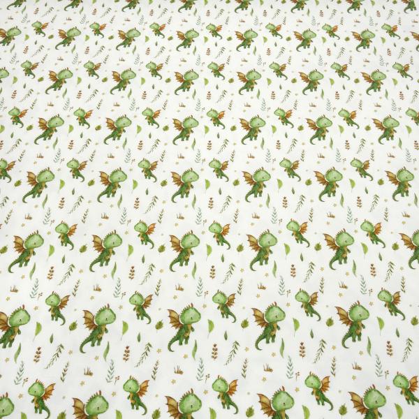 Stoff Baumwolle Jersey Little Dragon Drachen Design creme weiß grün braun bunt Kinderstoff Kleiderstoff
