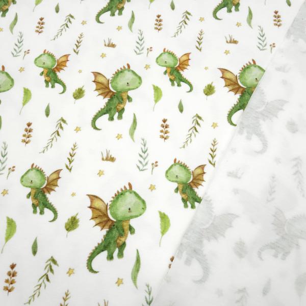 Stoff Baumwolle Jersey Little Dragon Drachen Design creme weiß grün braun bunt Kinderstoff Kleiderstoff