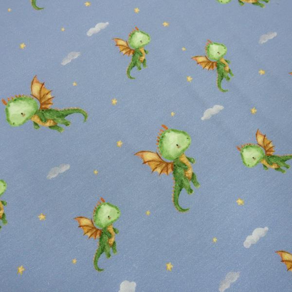 Fabric cotton jersey Little Dragon dragon design blue green brown colorful children's fabric dress fabric