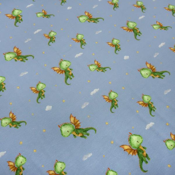 Fabric cotton jersey Little Dragon dragon design blue green brown colorful children's fabric dress fabric